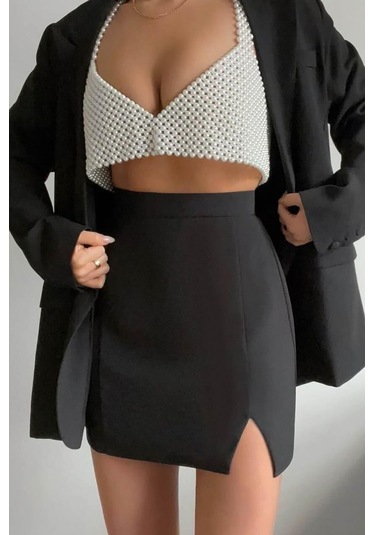 Madmext Siyah Yüksek Bel Önden Yırtmaçlı Kısa Etek Mg2086 Siyah