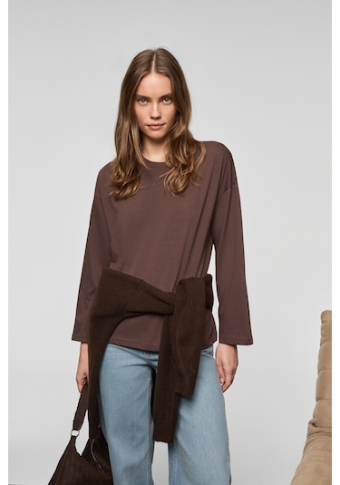 Grımelange Basıl Kadını Oversize %100 Organik Pamuk Örme Uzun Kol Koyu Kahverengi T-shirt Koyu Kahverengi