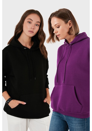 Lela Regular Fit Pamuklu Kapüşonlu Yaka Şardonlu Kışlık 2'Li Paket Bayan Sweat 5863854S2 Mor-Siyah
