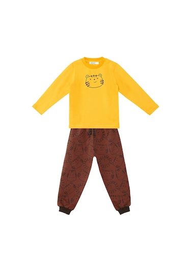 Denokids Sevimli Kedi Erkek Bebek T-shirt Pantolon Takım Kahverengi - Sarı