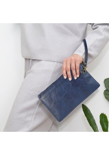 Shidai888 Retro Deri Debriyaj Fermuarlı Zarf Çanta Koyu Mavi