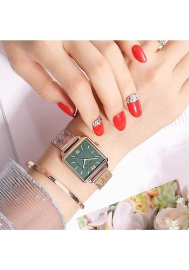 Novahub Beyaz Hannah Martin Kadın Kuvars Saat, Yeşil Kadran, Kare Vaka, Moda Kol Saati, Gül Altın Detaylar Beyaz