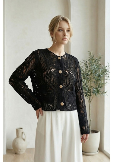Sayzen Your Shine Dantel Desenli Gold Düğmeli Basic Ceket Shn-2602-tg Siyah