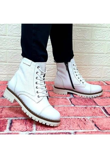 Voyager 8493 Beyaz Hakiki Deri Fermuarlı Bağcıklı Kaliteli Bayan