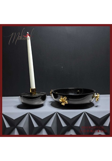 Şık Siyah Mermer Mumluk Ve Kase Seti Altın Detaylı Lüks Ev Deko