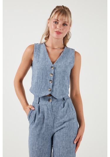 Lela Regular Fit Bol Paça Yelekli Bayan Takım 67045162S4 Indigo