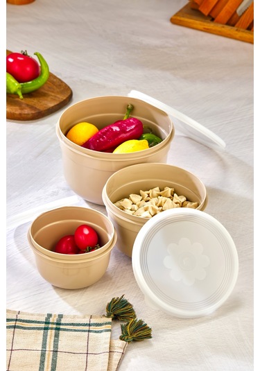 3'lü Hava Geçirmez Saklama Kabı - Krem Krem