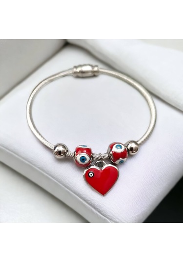 Bayan Çelik Kalp Nazar Boncuklu Gümüş Renk Kararmaz Mıknatıslı Kadın Bileklik Çelik