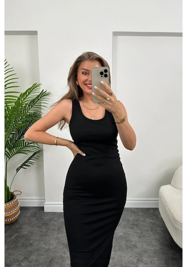 Kadın Çift Yırtmaç Detaylı Sıfır Kol Midi Boy Elbise Siyah