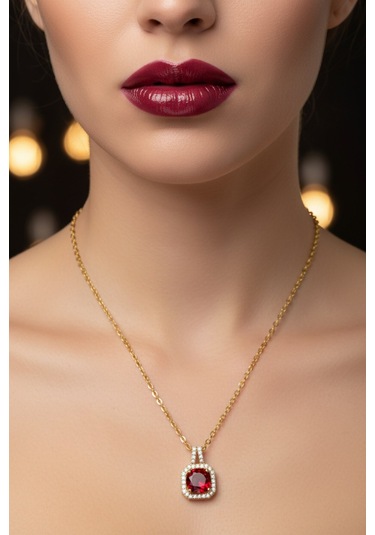 Altın Renk Kare Bordo Taş Sf Zincir Çelik Kolye - 3742 Çok Renkli