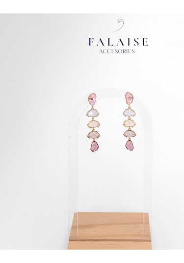 Pastel Pembe Swarowskı Taşlı Sallantılı Küpe Altın