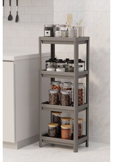 4 Katlı Slim Mutfak & Banyo Raf Ünitesi, Gri Gri