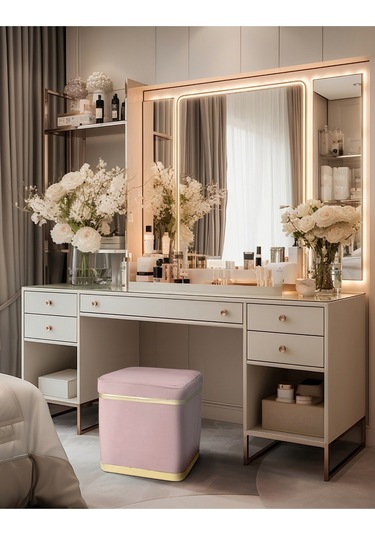 Zengo Gold Twin Line Kare Puf -pembe Kumaş, Dekoratif Makyaj Masası Pufu-modern Style