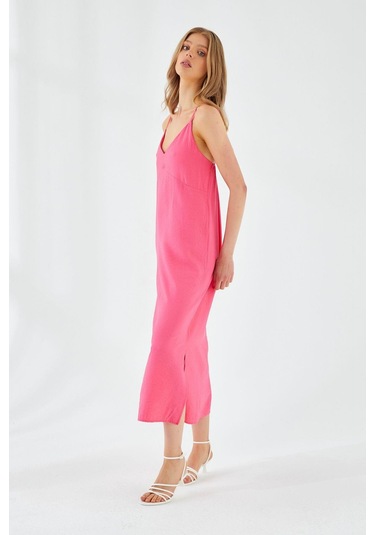 4252 Kadın İp Askılı V Yaka Elbise Fuşya Fuşya