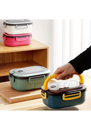 Xuweiwei Mavi 1200ml Sızdırmaz 2 Katlı Bento Kutusu Çatal Kaşık Mikrodalga Fırın Yemek Kabı Mavi