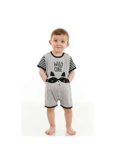 Denokids Rakun Erkek Bebek Gri Yazlık Tulum Çok Renkli