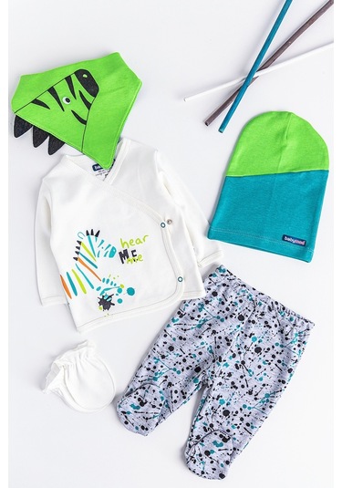 Babymod Figürlü 5 Parça Erkek Bebek Hastane Çıkışı Bebek Seti (542091223) Yeşil-0-3 Ay Çok Renkli