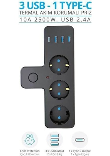 3'lü Akım Korumalı Priz Çoğaltıcı 2500w / 3xusb 2.4a / Pd Hızlı Ş Diğer