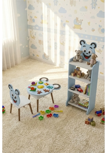 Çocuk Mobilya Seti Happy Face Masa - Sandalye ve 4 Raflı Kitaplık Sevimli Figürlü Mavi