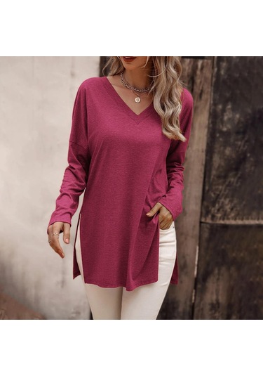 Hnxc Kadın Moda Günlük Yaz Düz Renk Baskı Uzun Kollu V Yaka Bluzlar Ve Gömlekler Pembe