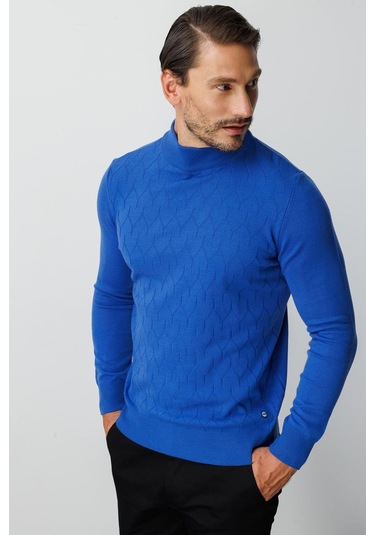 Saks Standart Fit Dar Kalıp Yarım Balıkçı Düz Uzun Kollu Triko-10086 Mavi