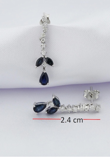 Doğal Safir Taşlı Sallantılı Pırlanta Küpe Sarı