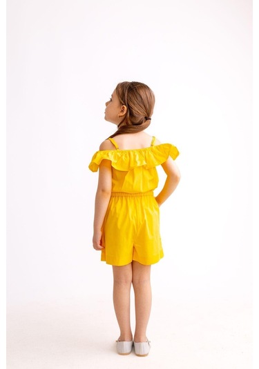 Oliventhekid Omuzdan Fırfırlı Poplin Kız Çocuk Tulum Sarı Sarı