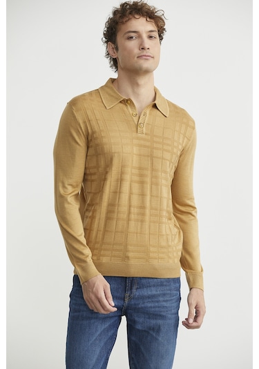 Sementa Polo Yaka Ekose Motifli Triko Kazak - Kamel CAMEL
