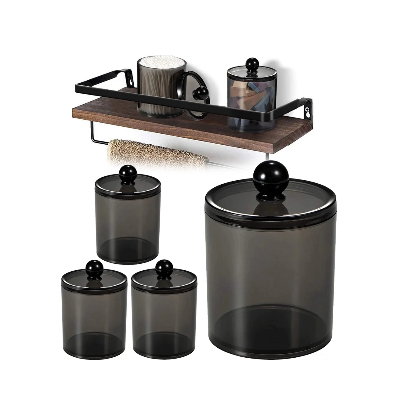 Konesam Siyah Akrilik Banyo Organizer Kutuları 4'lü Set - Pamuk, İğne, Floss Saklama, Modern Tasarım, Dayanıklı, Mutfak/oda Kullanıma Uygun Siyah