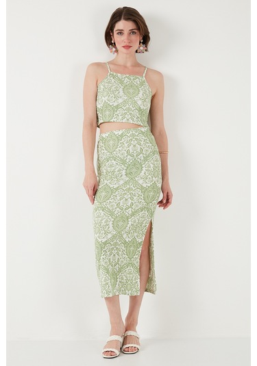 Lela Slim Fit Ip Askılı Yırtmaçlı Midi Alt-Üst Bayan Takım 5869021 Olive