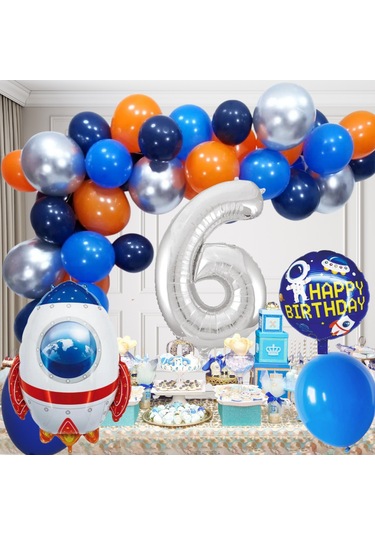 6 Yaş Uzay Temalı Doğum Günü Seti Uzay Mekiği Happy Birthday Yazı Renkli Balonlar Gümüş Folyo Rakam Çok Renkli