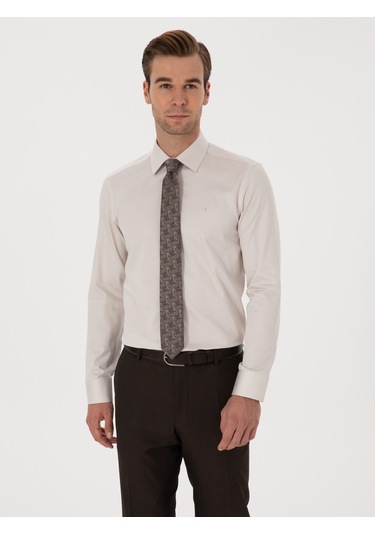 Cacharel Bej Slim Fit %100 Pamuk Klasik Gömlek