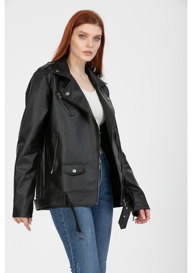 Kadın Siyah Oversize içi Kürklü Kemerli Biker Deri Ceket Siyah