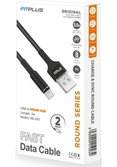 Fitplus Round Rs-201 Micro Usb Data/Şarj Kablosu 3A 2M Örgü Siyah