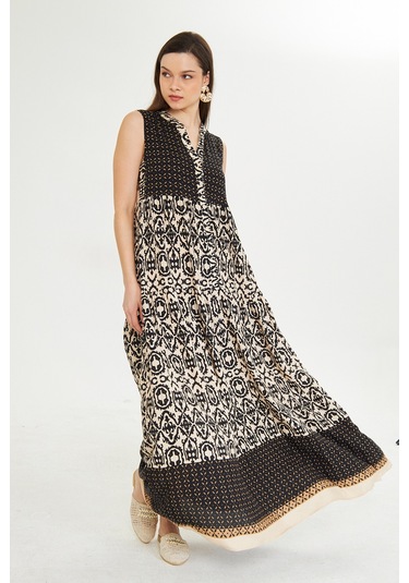 Etnik Desen Bohem Tam Boy Kolsuz Elbise Bej Acı Kahverengi