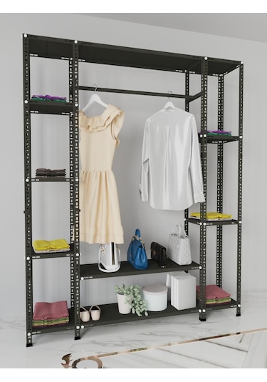 Rafburada® Siyah Renk Metal Açık Gardırop 31 x 155 x 200 CM Kırık Beyaz