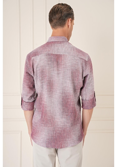 Efor Comfort Fit Batik Desen %100 Keten Bordo Gömlek G 1571 Bordo