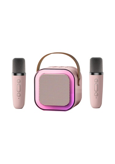 Geeroyoo K12 Taşınabilir Mikrofonlu Bluetooth Hoparlör, Kablosuz Çift Mikrofonlu, Pembe Renk, Ev Ve Dış Mekan Kullanımı İçin İdeal.