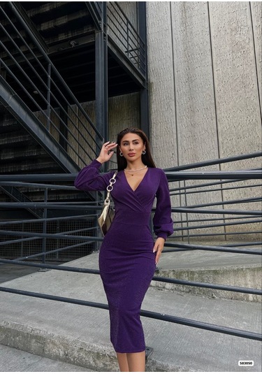 Tua Moda Kadın Kruvaze Yaka Balon Kol Simli Krep Kumaş Midi Boy Elbise Mor