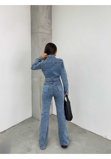 Shevega Kadın Mavi Ispanyol Paça Ceketli Denim Tulum Mavi