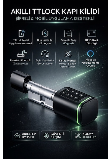 Ttlock Akıllı Kapı Kilidi Elektronik Silindir Şifreli Kartlı Mobil App Bluetooth Smart Lock Siyah