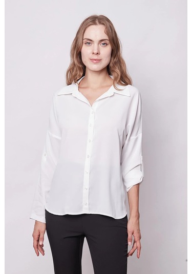 Likrasız Şık Kumaş Yakalı Sırt Dekolteli Uzun Kol Apoletli Gömlek-krem Krem
