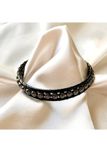 Hematit-doğal Deri Ve Çelik Erkek Bileklik Net 21cm Türk Üretim