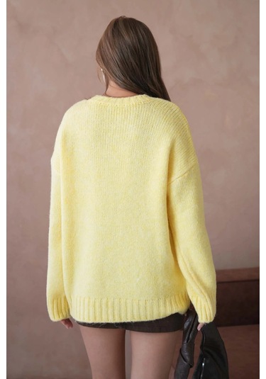 Kadın Bisiklet Yaka Yumuşak Dokulu Oversize Triko Kazak 3032 Sarı