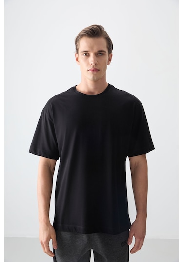Siyah %100 Pamuk Kalın Yumuşak Dokulu Oversize Fit Basic Erkek T-shirt - 88353 Siyah