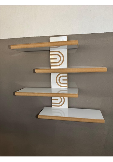 Asimetrik Bohem Ahşap Dekoratif Duvar Rafı 4 Raflı Beyaz