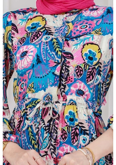 Beli Tünelli Çiçekli Viscon Elbise-mavi-5317 Mavi