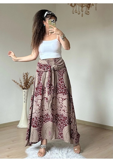Azra Butik Otantik Desenli Etek Bordo
