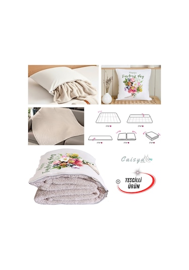 Öğretmenler Günü Hediyesi Güller Tv Battaniyeli Opsiyonel Dekoratif Yastık Kırlent 2in1 Battaniye Çok Renkli