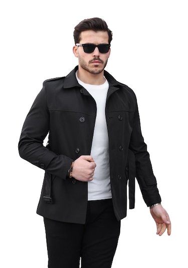 Mero Life Erkek Siyah Mevsimlik Astarlı Kemerli Kruvaze Trençkot Siyah
